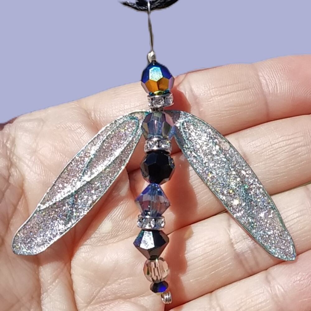 Artisan Firefly Pendant Whimsical Winged Crystal Beaded Suncatcher Silver Wire